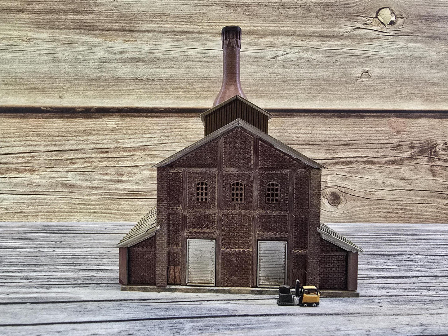 n scale ready built lit glass factory with lights  handcrafted model railroad building for dioramas & layouts"**