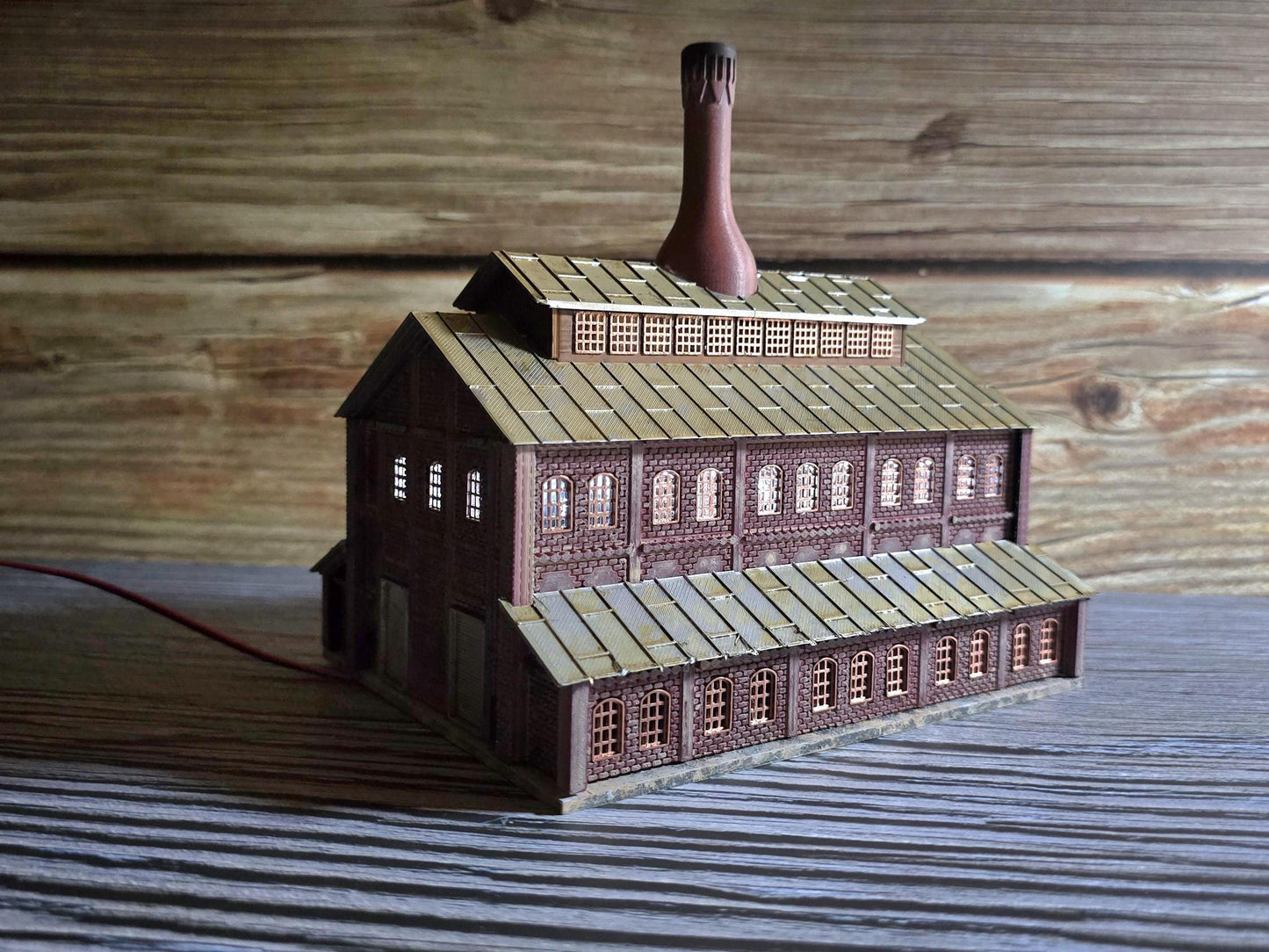 n scale ready built lit glass factory with lights  handcrafted model railroad building for dioramas & layouts"**