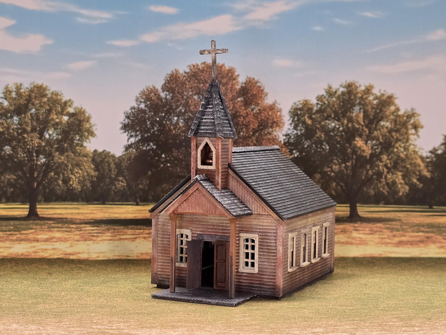 N scale Ready Built with lights Old western Church resized smaller for- 3D printed for dioramas, terrain, model trains, dollhouses.