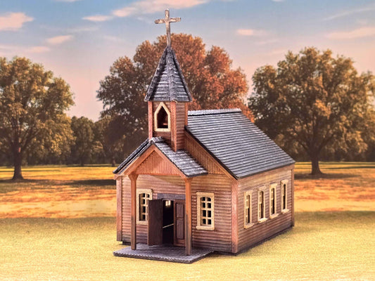 N scale Ready Built with lights Old western Church resized smaller for- 3D printed for dioramas, terrain, model trains, dollhouses.