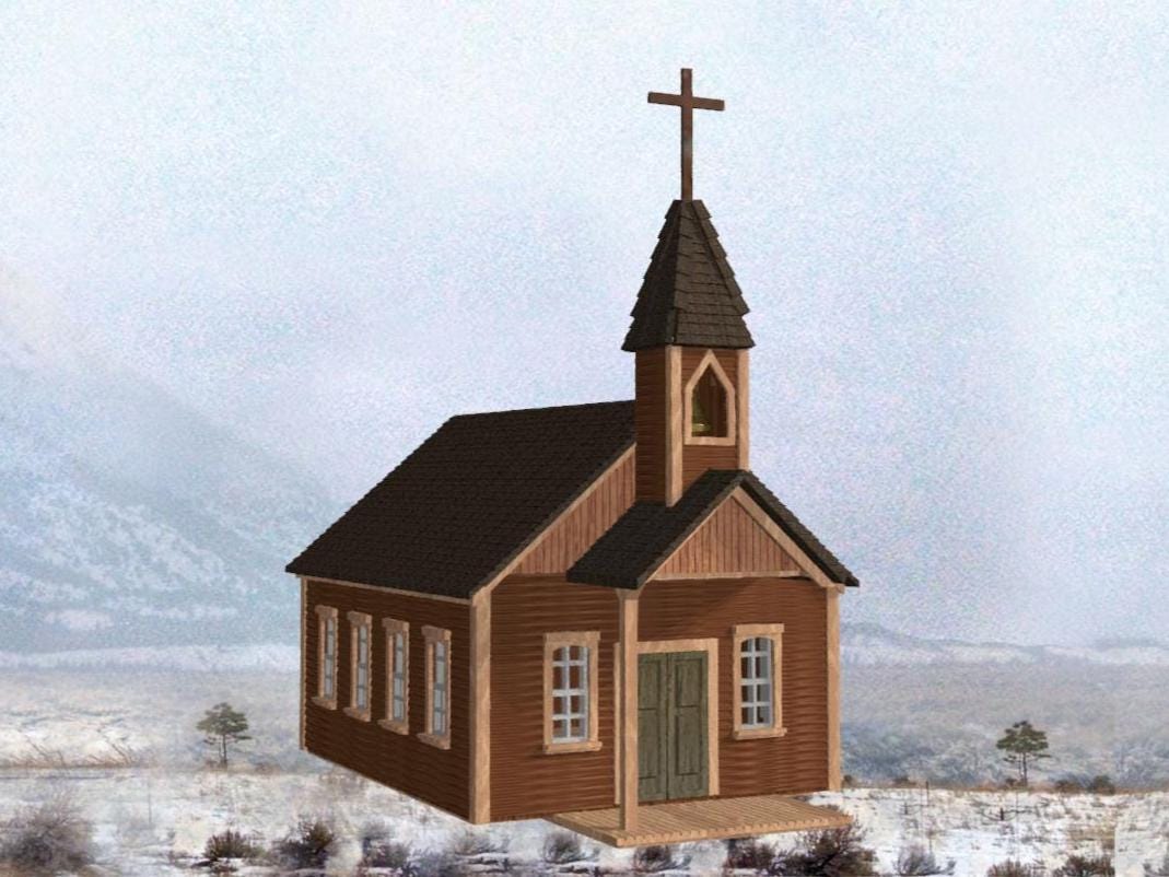 N scale Ready Built with lights Old western Church resized smaller for- 3D printed for dioramas, terrain, model trains, dollhouses.