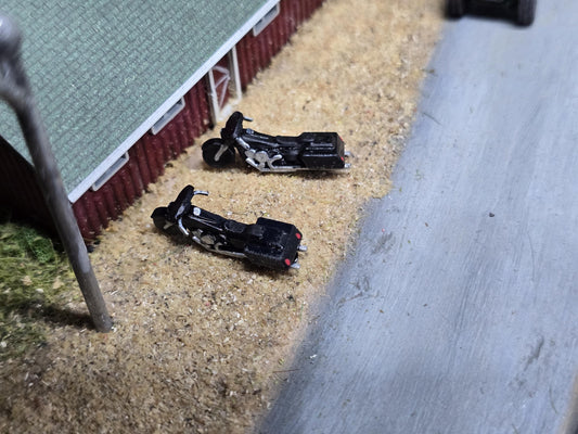 N Scale 2- Harley-Davidson-like motorcycles, painted and layout-ready.  Perfect for war games, dioramas, model railroads collectors.