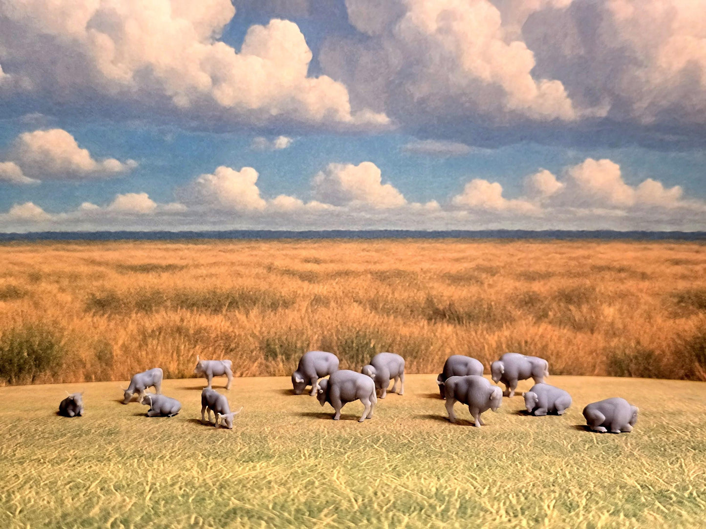 N-Scale Buffalo and Longhorn Grazing Scene animals Handcrafted Miniature Herd on Prairie Diorama Base not includedSet of 12 in a package.