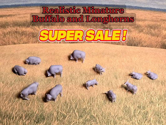 N-Scale Buffalo and Longhorn Grazing Scene animals Handcrafted Miniature Herd on Prairie Diorama Base not includedSet of 12 in a package.