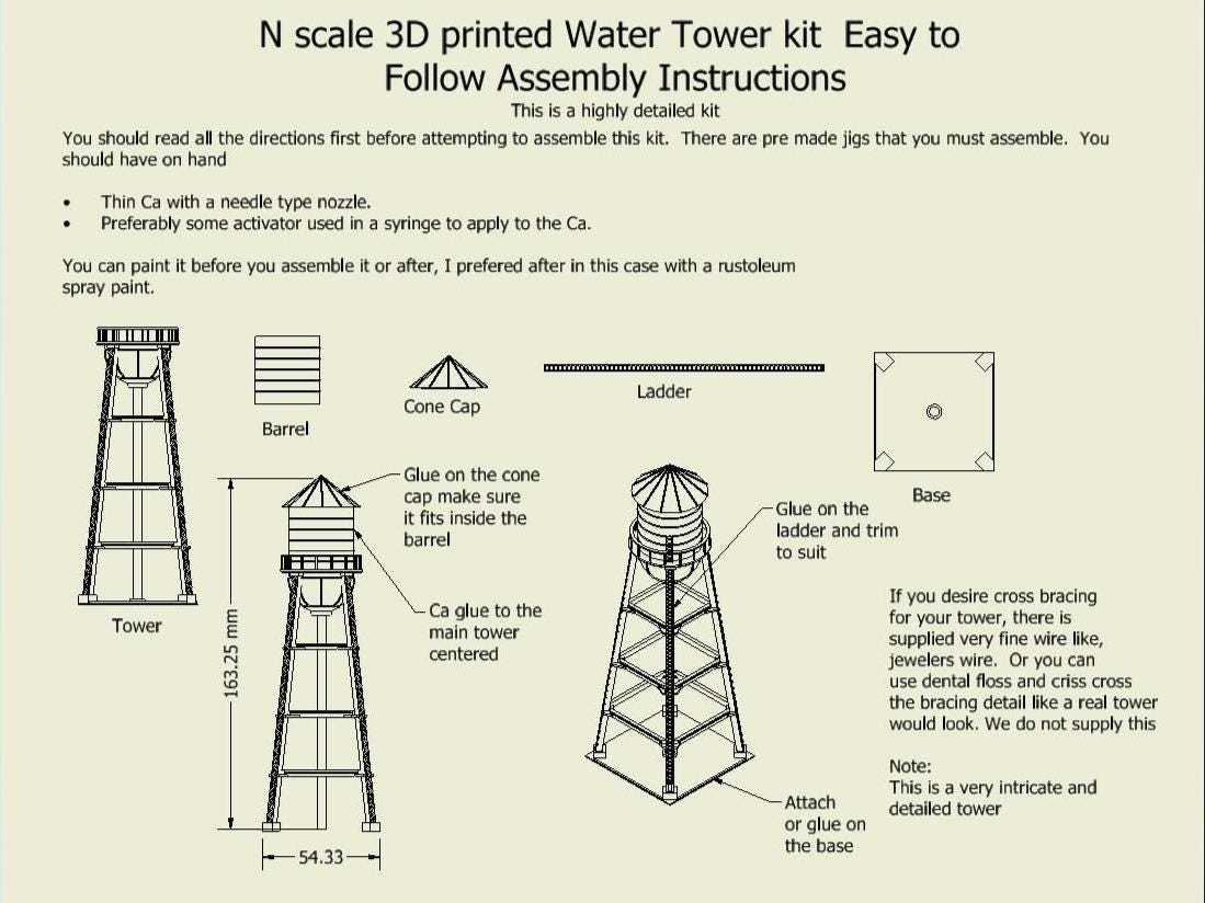 N scale Old water tower 3D printed plastic model 1:160 w/ instructions - Dioramas-Terrain-Model trains-Dollhouse-Landscapes-Miniatures.