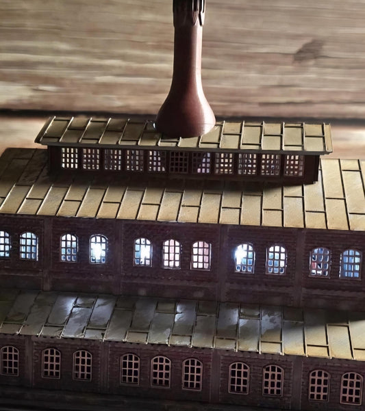 n scale ready built lit glass factory with lights  handcrafted model railroad building for dioramas & layouts"**