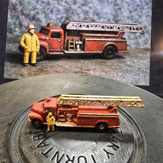 N Scale Hand Painted Ladder Truck with Fireman  Weathered, Ready-Built Miniature for Model Railroad Layout, Diorama Scene, or Train Display
