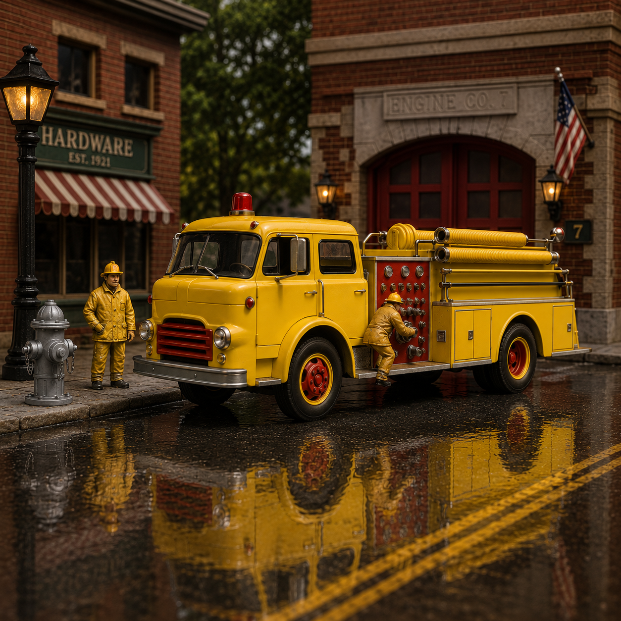N Scale Vintage Hose Fire Truck & Firefighter Scene Set – Unpainted